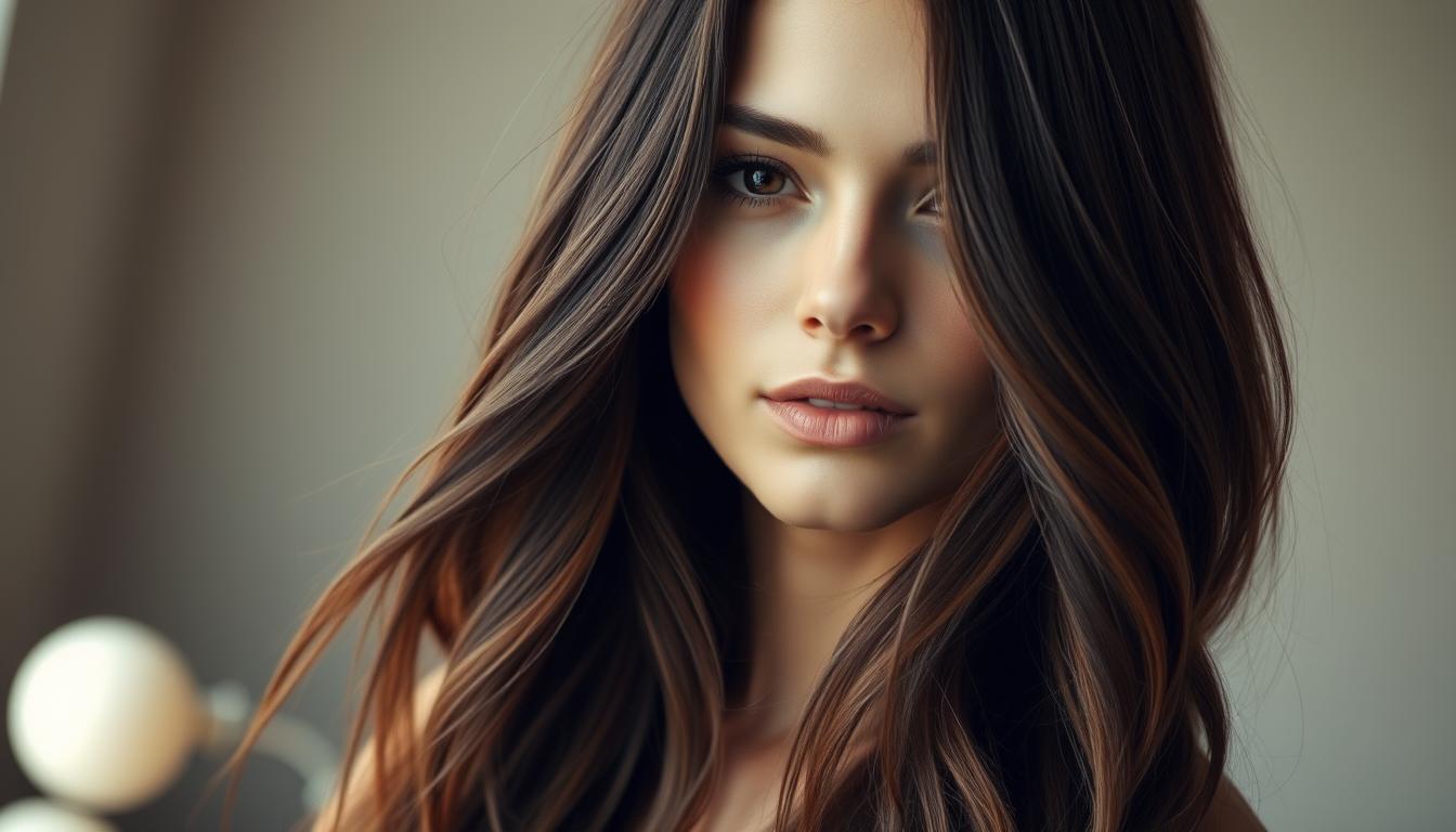 8 مدل موی جذاب برای دختران با صورت بیضی A serene, long-layered hairstyle for an oval-shaped face, captured with a professional camera lens. Soft, natural lighting illuminates the model's features, creating depth and dimension. The layers flow gracefully, framing the face in a flattering, feminine manner. The hairstyle is styled with a torrehgallery touch, showcasing the alluring textures and movement. A calming, sophisticated atmosphere radiates throughout the image.