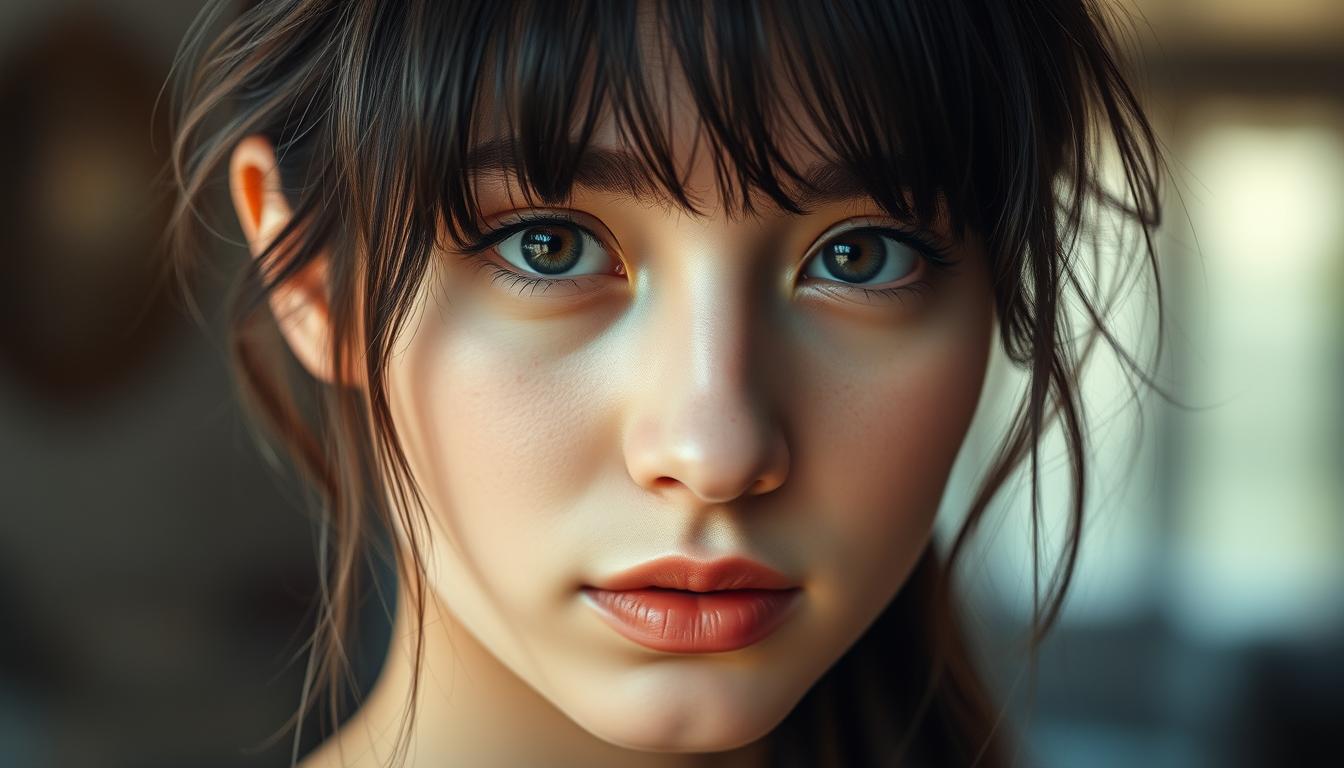 8 مدل موی جذاب برای دختران با صورت بیضی A serene and alluring close-up portrait of a young woman with a delicate, oval-shaped face. Her hair is styled in a wispy, curtain-like bangs that gracefully frame her features, creating a mesmerizing and flattering look. The lighting is soft and diffused, casting a warm, ethereal glow on her face and enhancing the natural beauty of her features. The background is blurred, allowing the focus to remain on the subject's captivating expression and the intricately detailed, textured bangs. Captured by the torrehgallery, this image embodies the essence of the "Curtain Bangs" hairstyle, making it a perfect illustration for the article on "15 Attractive Hairstyles for Oval-Faced Girls".