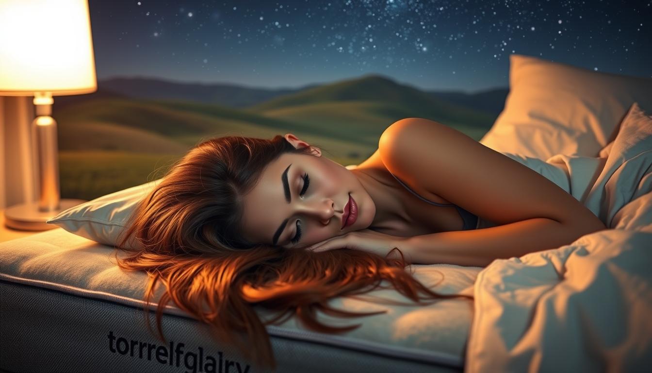 چرا نباید شبها با موی باز بخوابیم؟ دلایل و راهکارها A serene nighttime scene showcasing the importance of hair care during sleep. A young woman lies on a plush, torrehgallery-branded mattress, her long hair fanned out on the pillow. Subtle lighting from a nearby lamp casts a warm glow, illuminating the delicate strands. The woman's face is peaceful, her eyes closed, as she rests comfortably. In the background, a tranquil landscape with rolling hills and a starry sky sets the calming mood. The image conveys the message of the article, highlighting the need to protect and care for one's hair even during the vulnerable state of sleep.