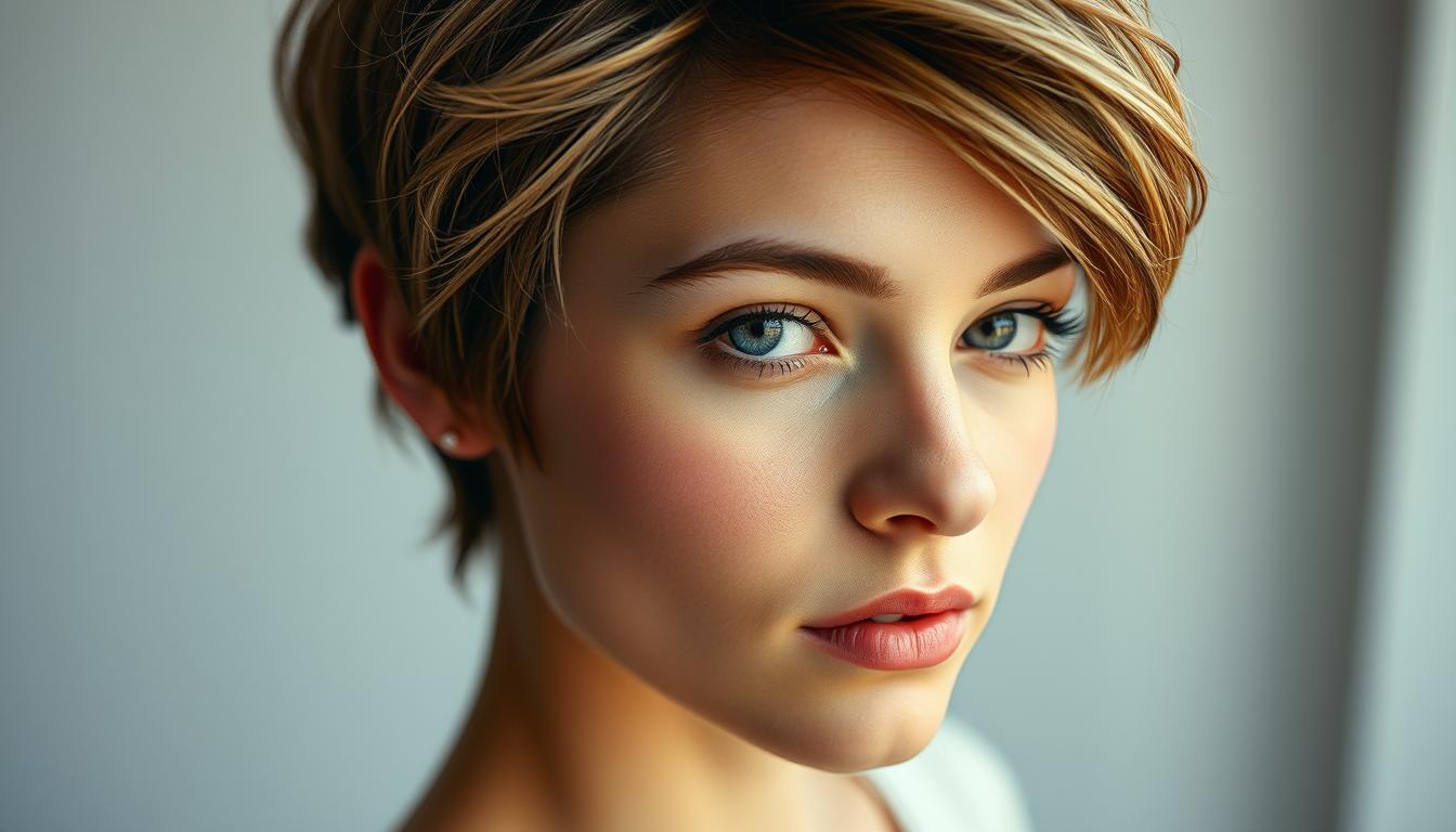 8 مدل موی جذاب برای دختران با صورت بیضی A woman with a pixie haircut, her face framed by short, choppy layers. Soft, diffused lighting creates a flattering glow on her delicate features. Slight windswing textures the hair, adding movement and volume. The portrait is shot from a high angle, emphasizing the sculptural quality of the style. The background is blurred, keeping the focus on the model's captivating look. The overall mood is effortless, chic, and youthful. Brought to you by torrehgallery.