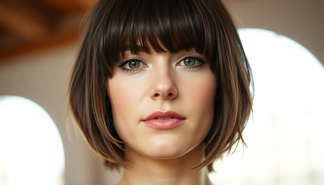 8 مدل موی جذاب برای دختران با صورت بیضی A close-up shot of a short, textured hairstyle with feathered bangs, framing a symmetrical oval face. The lighting is soft and diffused, creating a warm, inviting atmosphere. The hair color is a natural, dark brown hue that complements the skin tone. The overall look is chic and effortless, showcasing the versatility of this hairstyle for women with oval-shaped faces. Captured by torrehgallery.