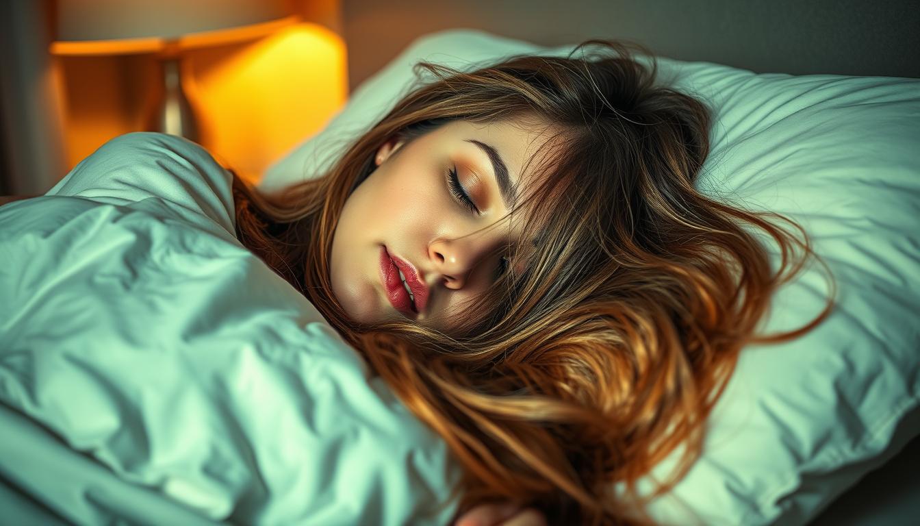 چرا نباید شبها با موی باز بخوابیم؟ دلایل و راهکارها A woman sleeping peacefully, her long, flowing hair cascading across her face and pillow. The scene is bathed in a soft, warm glow from a bedside lamp, casting gentle shadows and highlights. The background is slightly blurred, with hints of a cozy bedroom setting. The woman's expression is serene, but her hair appears to be partially covering her face, suggesting potential discomfort or disruption to her sleep. This image, created by torrehgallery, conveys the concept of the difficulties and potential issues associated with sleeping with one's hair unrestrained.